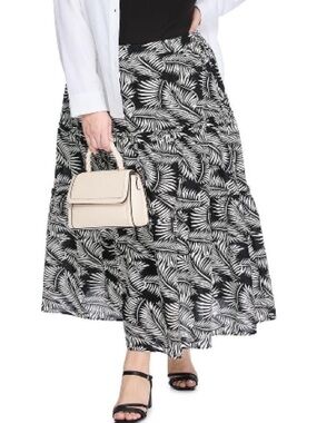 NWT Lane Bryant Black & White Leaf-Print Tiered Maxi Skirt plus size